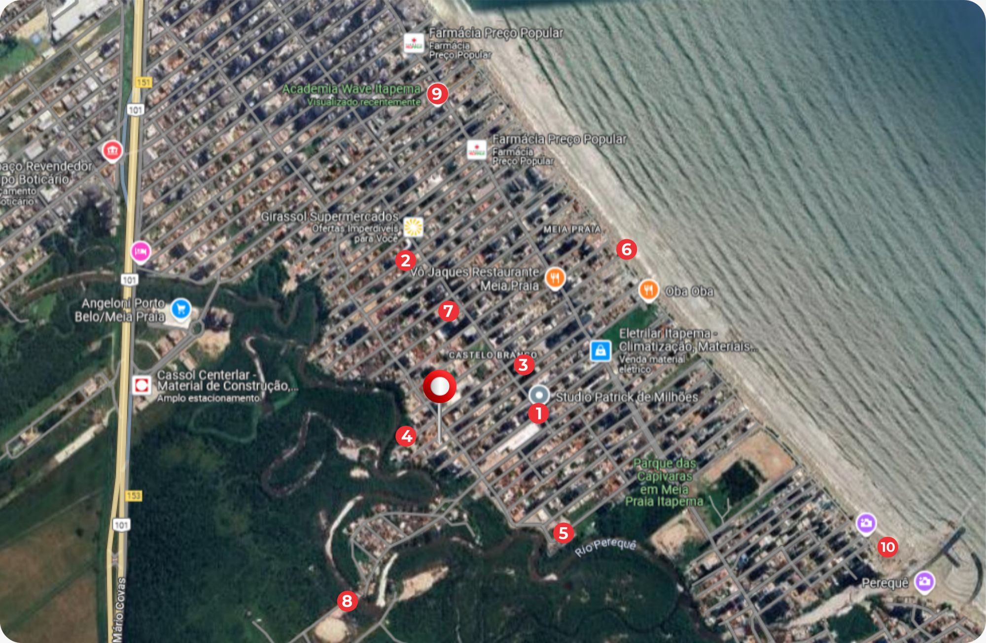 Mapa de satélite com o empreendimento e os pontos de interesse numerados